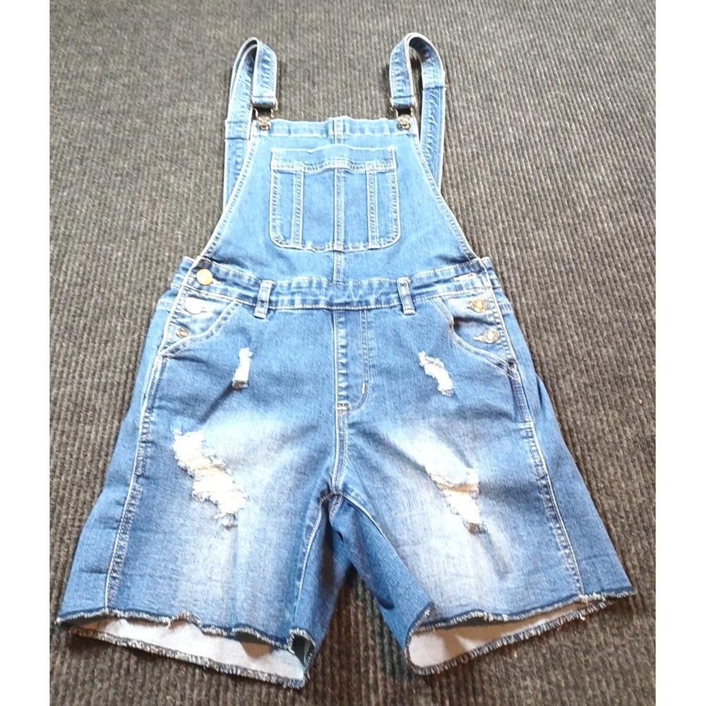 KanCan Blue Stretch Shorts Bib Overall Distressed Denim Sz Small‎